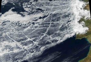 This satellite image was taken January 16, 2018, off the coast of Europe. Pollution from ships creates lines of clouds that can stretch hundreds of miles. The narrower ends of the clouds are youngest, while the broader, wavier ends are older.NASA Earth Observatory
