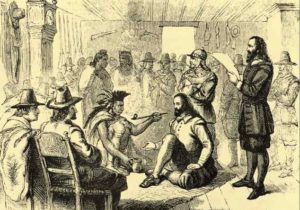 Peace treaty between Governor Carver and Massasoit, the Wampanoag sachem, Plymouth, March 22, 1621, engraving from Columbus and Columbia, published by Hunt & Eaton, New York, 1892