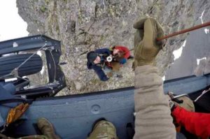 An Alaska Air National Guard HH-60G Pave Hawk helicopter and aircrew assigned to the 210th Rescue Squadron, with pararescuemen aboard from the 212th Rescue Squadron saved a distressed hiker on July 26, 2020 at Mount Williwaw. (U.S. Air National Guard courtesy photo)