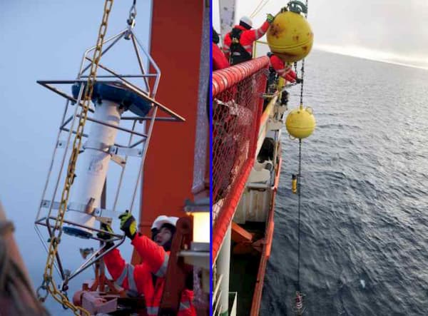 {left)Scientists prepare to deploy ocean moorings used to understand sea ice loss in the eastern Arctic Ocean.(right)Large yellow floats connected to several scientific sensors are lowered over the edge of a ship in the Arctic Ocean. Photos courtesy of the Nansen and Amundsen Basins Observational System