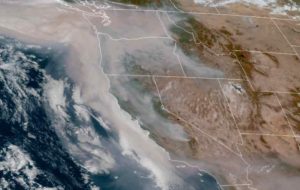 Smoke from the multiple fires raging in the western US as seen from NOAA GOES satellite on Saturday. Image-NOAA