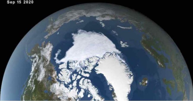 In the Arctic Ocean, sea ice reached its minimum extent of 1.44 million square miles (3.74 million square kilometers) on Sept. 15—the second-lowest extent since modern record keeping began. (Image: NASA's Scientific Visualization Studio)