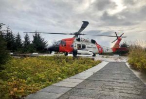 A Coast Guard MH-60 Jayhawk Helicopter positioned in Cordova. - U.S. Coast Guard photo by Air Station Kodiak
