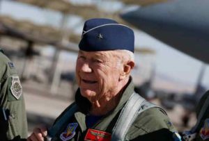 Retired Air Force Brig. Gen. Charles Yeager, poses for photographs following a re-enactment flight commemorating  his breaking of the sound barrier October 14th, 2012.