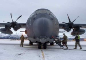 U.S. Airmen assigned to the 176th Maintenance Squadron, Alaska Air National Guard, check a HC-130J Combat King II prior to takeoff at Joint Base Elmendorf-Richardson. (U.S. Air Force photo by Airman 1st Class Emily Farnsworth)
