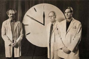 In 1947, the members of the Science and Security Board of the Bulletin of the Atomic Scientists introduced the symbolic "Doomsday Clock."
