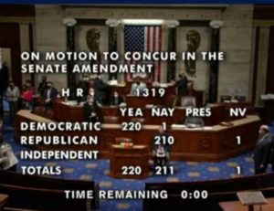 Final tally of U.S. House vote on Covid relief bill. Image-CSPAN video screengrab