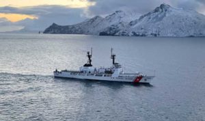 The Coast Guard Cutter Douglas Munro (WHEC 724) is pictured during their last Bering Sea patrol, in which the crew conducted boarding evolutions of the fishing fleet and were available to respond to search and rescue cases in March 2021. The Douglas Munro is the last operational 378-foot Secretary class cutter and will officially be decommissioned on April 24, 2021. U.S. Coast Guard courtesy photo.
