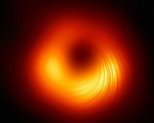 This image shows the polarised view of the black hole in M87. The lines mark the orientation of polarisation, which is related to the magnetic field around the shadow of the black hole.  Credit: EHT Collaboration