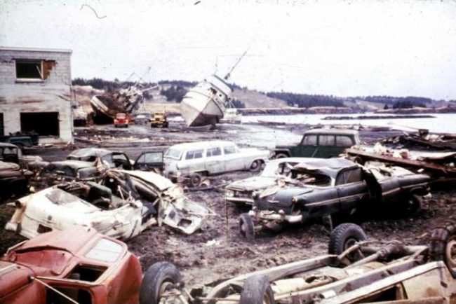 Damage along the Kodiak waterfront following the March 27th, 1964 earthquake and tsunami. Image-U.S. Geological Survey