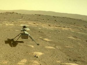NASA’s Ingenuity helicopter can be seen on Mars as viewed by the Perseverance rover’s rear Hazard Camera on April 4, 2021, the 44th Martian day, or sol of the mission. Credits: NASA/JPL-Caltech