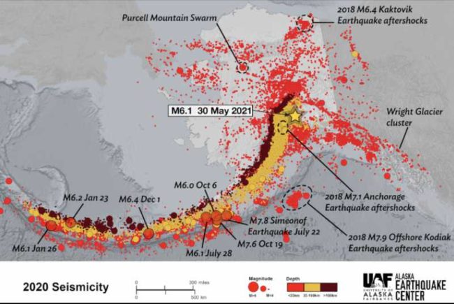 An Alaska Earthquake center map of all the earthquakes that happened in 2020, including the epicenter of a magnitude 6.1 earthquake that happened on May 30th, 2021.