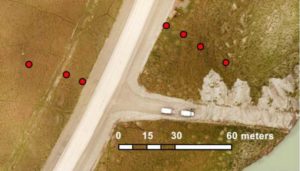 This illustration from the article shos the location of the location of temperature sensors at the Dalton Highway research site. Drone photo by Soraya Kaiser.Illustration distributed under Creative Commons 4.0 International