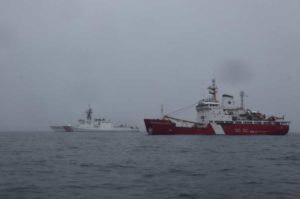 The Coast Guard Cutter Midgett and the Canadian coast guard ship Sir Wilfrid Laurier conduct a joint maritime security patrol in the Chukchi Sea on July 20, 2021. U.S. Coast Guard photo.