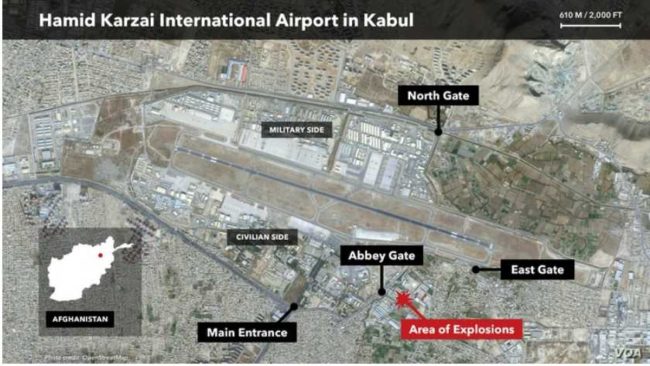 A map of the airport in Kabul, Afghanistan, showing the location of two explosions on Aug. 26, 2021.