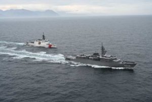 The U.S. Coast Guard Cutter Kimball and the Japan Naval Training Vessel Kashima transit together during a maritime exercise near Dutch Harbor, Alaska, on Sept. 20, 2021. Over the past year, the United States and Japan have increasingly strengthened their relationship in the maritime domain through the shared mission set of the Japanese Military Special Defense Forces and the U.S. Coast Guard. U.S. Coast Guard photo.