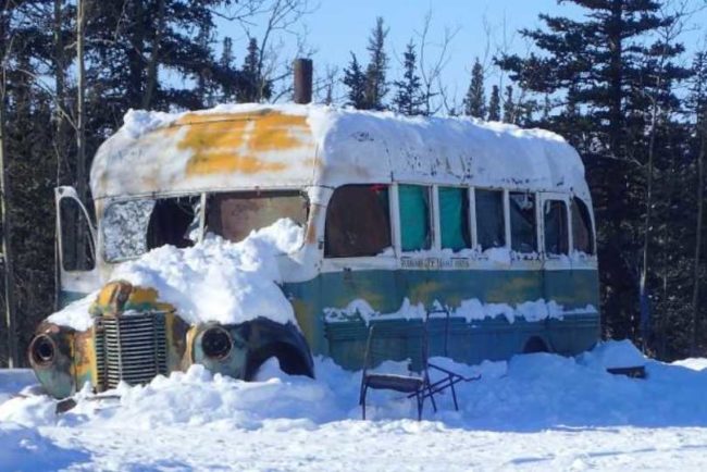 Bus 142 in place off the Stampede Trail about 25 miles west of Healy in March 2017.Photo by Ned Rozell.