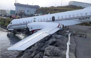 ​​This photo taken on Oct. 17, 2019, shows the airplane in its final resting position on the shoreline of Dutch Harbor. Photo courtesy of Unalaska Department of Public Safety.