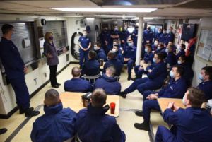 Sen. Lisa Murkowski and Rear Adm. Nathan Moore, commander, 17th District, visit with Coast Guard members in Homer, Alaska, aboard Coast Guard Cutter Hickory. (U.S. Coast Guard photo by Petty Officer 1st Class Nate Littlejohn) 