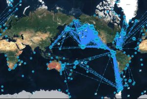 Map showing marine mammal sightings and tracking on Happywhale.com.