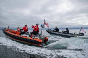 Royal Canadian Navy members from HMCS Yellowknife conduct Rigid Hull Inflatable Boat (RHIB) training with U.S. Coast Guard members in the waters off Victoria, British Columbia. (Royal Canadian Navy photo by Capt. Jamie Blois, CAF Public Affairs Officer)