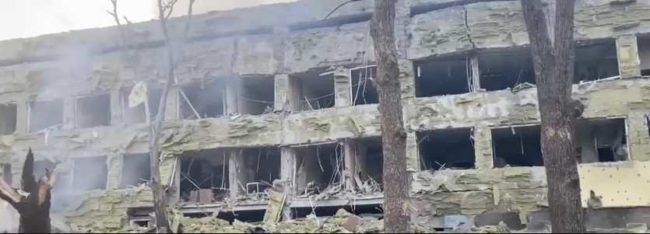 A screenshot of video footage shows the outside of a children's hospital reportedly bombed by Russian forces on March 9, 2022. (Photo: Mariupol City Council)