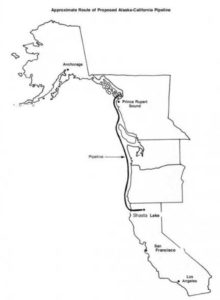 A 1992 proposed route of an underwater pipeline from the Stikine River in Alaska to northern California. From "Alaskan Water to California? The Subsea Pipeline Option Background Paper." -U.U. Congress Office of Technology Assessment January 1992.