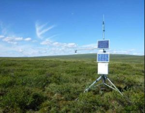 A data collection station sits at the Kuzitan  River ground temperature monitoring station on the Seward Peninsula., on of several sites in the Geophysical Institute Permafrost Laboritory's monitoring network. Scientist have observed talik development at the site. Image courtesy of Vadimir Romanocsky