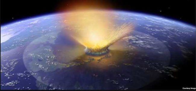 Artist's creation of the event involving an asteroid impact that scientists believe happened on Earth 65 million years ago. (Credit: NASA/Don Davis)