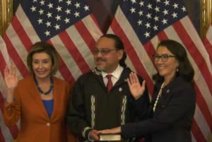 Mary Peltola being sworn in as Alaska's newest Representative. Image-Nancy Pelosi/YouTube screenshot