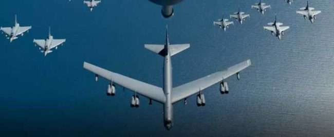 A U.S. Air Force B-52 Stratofortress leads a formation of aircraft including American, Polish, German, and Swedish fighter aircraft over the Baltic Sea on June 9, 2016. (Photo: U.S. Air Force)