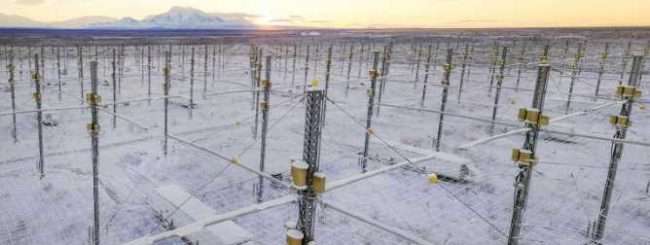 The High-Frequency Active Auroral Research Program near Gakona, includes a phased array of 180 high-frequency crossed dipole antennas spread accrosss 33 acres and capable of radiating 3.6 megawatts into the upper atmosphere and io0nosphere. Photo courtesy of HAARP.