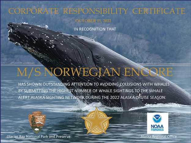 Cruise Ships Honored for Reporting Most Whales on Whale Alert Alaska Network