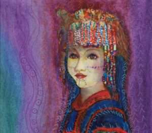Image: Girl in fur and bead headdress. Watercolor painting, by Helen J. Simeonoff, AM459.
