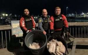 Two crewmembers from Coast Guard Cutter Naushon and a member from the National Oceanic and Atmospheric Administration Office of Law Enforcement (NOAA OLE) pose for a picture with allegedly illegally-retained halibut in Homer. U.S. Coast Guard courtesy photo.