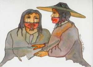 Image: Afogank Man, water color painting by Helen J. Simeonof, Alutiiq Museum Collection AM459.
