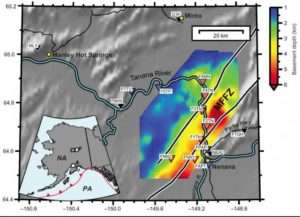 This map shows the Nena Basin and Monto Flats fault zone in cetral Alaska. The color denotes the depth to the basin's basement surface. The triangles denote seismic stations and include 13 stations that operated from 2015-2019.