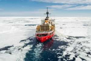 Coast Guard Cutter Polar Star (WAGB 10) transits through pack ice in the Southern Ocean, Dec. 28, 2022. Polar Star is en route to Antarctica in support of Operation Deep Freeze, a joint service, inter-agency support operation for the National Science Foundation, which manages the United States Antarctic Program. (U.S. Coast Guard photo by Petty Officer 3rd Class Aidan Cooney)
