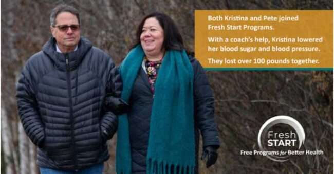 Kristina and her husband, Pete, joined online Fresh Start free programs for better health. Together, the Anchorage couple lost more than 100 pounds in total and lowered their blood sugar to manage diabetes.