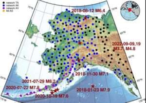 The maps shows infrasound stations and earthquakes considered in this study, Not all stations operated contemporareously, but all were active for some period between 2018 and October 2022. Image from research paper.