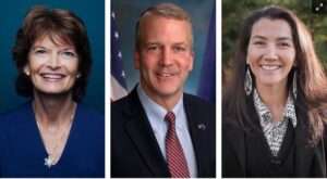 Official portraits of U.S. Senators Lisa Murkowski and Dan Sullivan, and U.S. Representative Mary Peltola. Compiled by Zack Brown