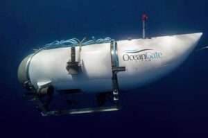 FILE - This photo provided by OceanGate Expeditions shows a submersible vessel named Titan used to visit the wreckage site of the Titanic.
