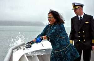 First Lady Rose Dunleavy christens MV Hubbard with Ethan Waldvogel, Hubbard Relief Captain. Photo by Dawn Millen, AMHS

