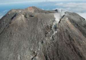 Degassing is visible from a summit fracture on Kanaga Volcano in September 2015. Photo by Taryn Lopez