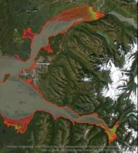 The map shows the worse case flooding scenario for the upper Cook Inlet, based on numerical modeling.Image courtesy of Elena Suleimani, AEC, Barret Salisbury, ADGGS and Dmitry Nicolsky UAF
