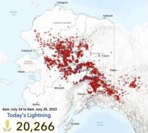 More than 20,000 lightning strikes hit the surface of Alaska from 6 am July 24th to 6 am July 25th 2023. Graphic from the Alaska Interagency Coordination Center.