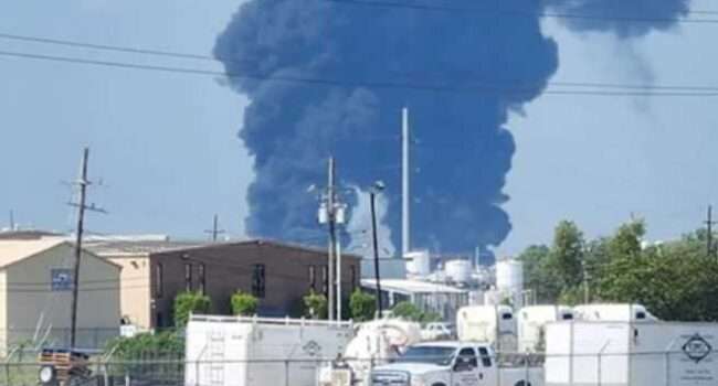 A massive plume of smoke—visible from outer space—billows from a burning storage tank at Marathon Petroleum's Garyville, Louisiana refinery on August 25, 2023. (Photo: Mike Friloux/Facebook)