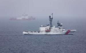 The Alex Haley transits alongside the Coast Guard Cutter Healy in the Bering Sea July, 22, 2023. Photo-Jasen Newman