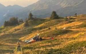 A Coast Guard petty officer approaches a plane crash site near Excursion Inlet, Alaska, Sept. 10, 2023. One survivor was pulled from the wreckage and was transferred to awaiting emergency medical services at Juneau International Airport. (U.S. Coast Guard courtesy photo)