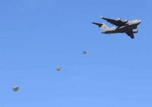 Nebraska Army National Guard paratroopers exit a C-17 Globemaster III during a static line jump Sept. 29, 2023, above Husker Drop Zone near Mead, Neb. PHOTO BY: Maj. Scott Ingalsbe